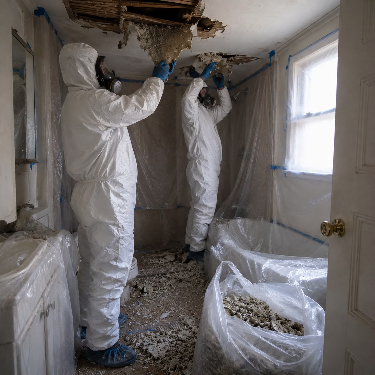 Certified asbestos abatement team vacuuming asbestos debris inside containment zone