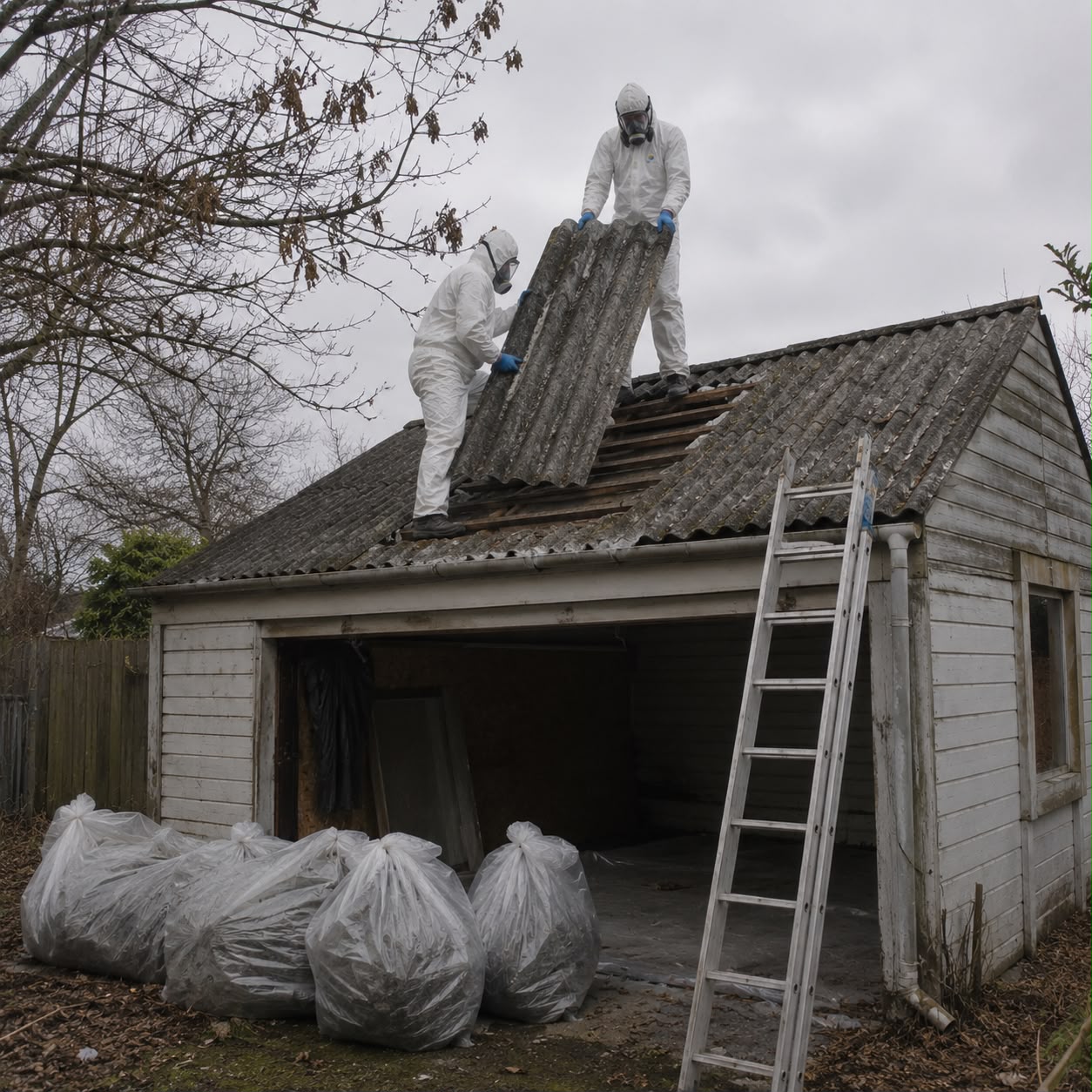 EPA certified specialists removing asbestos pipe insulation from basement